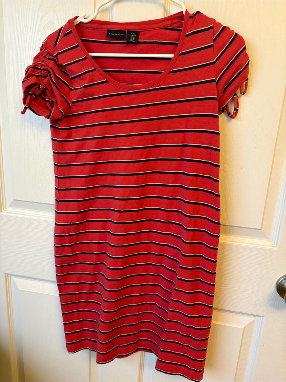 Dark Pink Striped Short Sleeve Dress with Ruched Sleeves